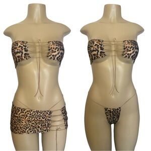 Leopard Print Lace-Up Bandeau Bikini Set with Mini Skirt